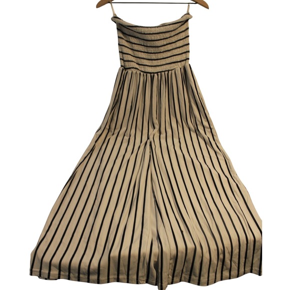 Striped Strapless Jumpsuit Wide Leg Smocked Bodice Casual Beach Summer Romper - Picture 1 of 5